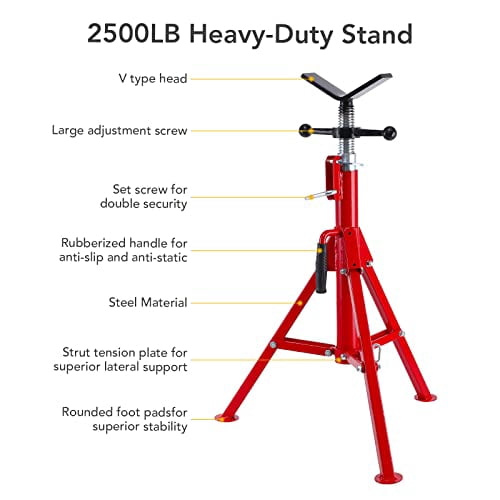 Heavy Duty V-Head Pipe Jack Stand, 2500LB Capacity, Adjustable Height 24-52 Inch, Portable Folding Tripod Base for Welding, Automotive, Construction & Plumbing