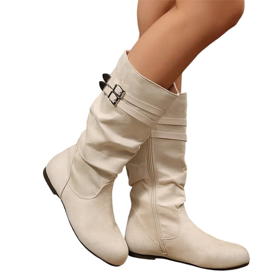 QWKLEAJ Women's Slouch Mid Calf Boots, Faux Suede with Double Metal Buckle Straps, Round Toe Flat Low Heel & Side Zipper, Vintage Casual Boots for Fall Winter Daily Wear Beige 9