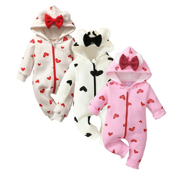 Emy Dola Newborn Baby Girls Fleece Hooded Romper Outfits Infant Love Heart Pattern Fall Winter Jumpsuit Baby First Valentine's Gift-1 Pack