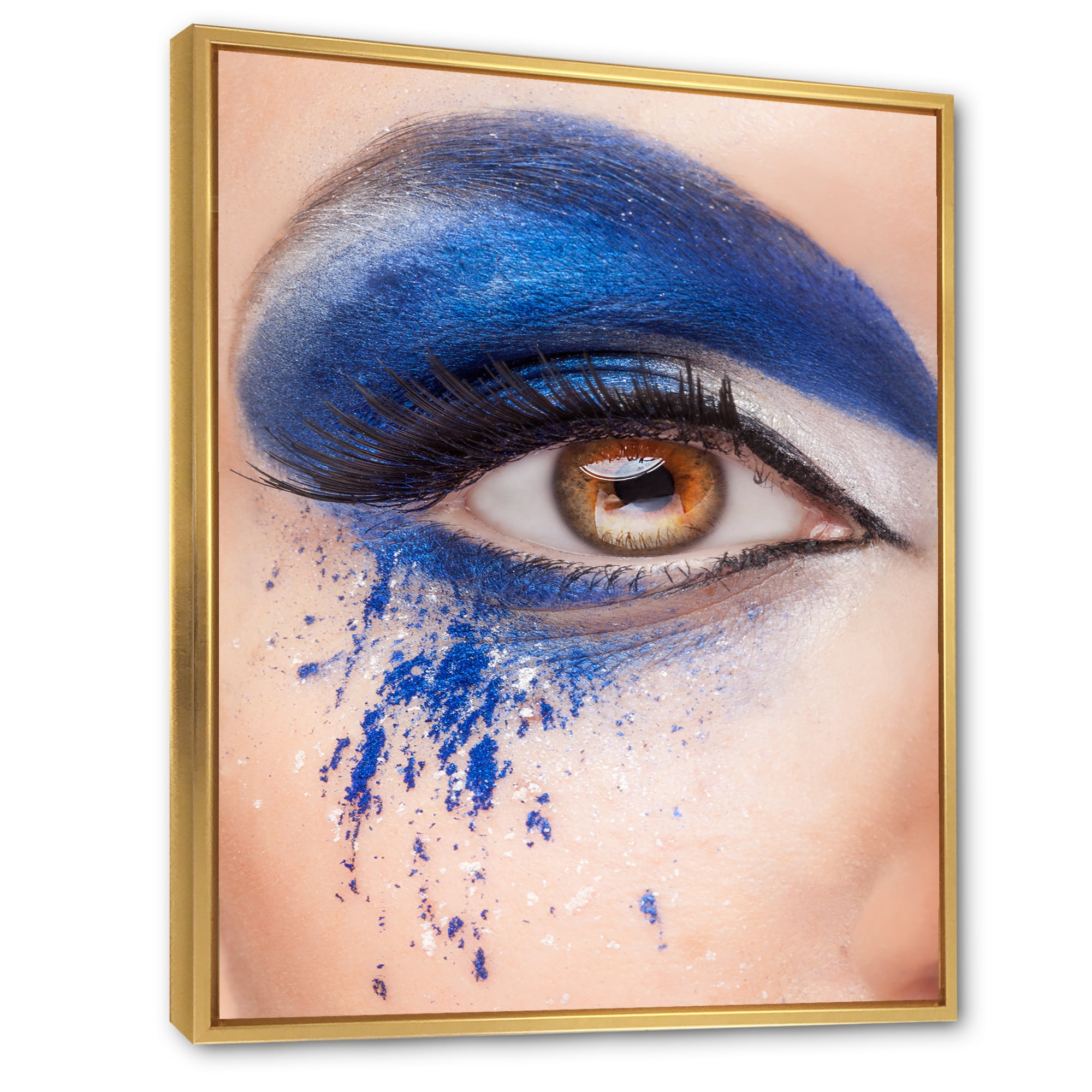 Designart 'Close Up Of Brown Eye With Blue Fantasy Make Up' Modern Framed Canvas Wall Art Print
