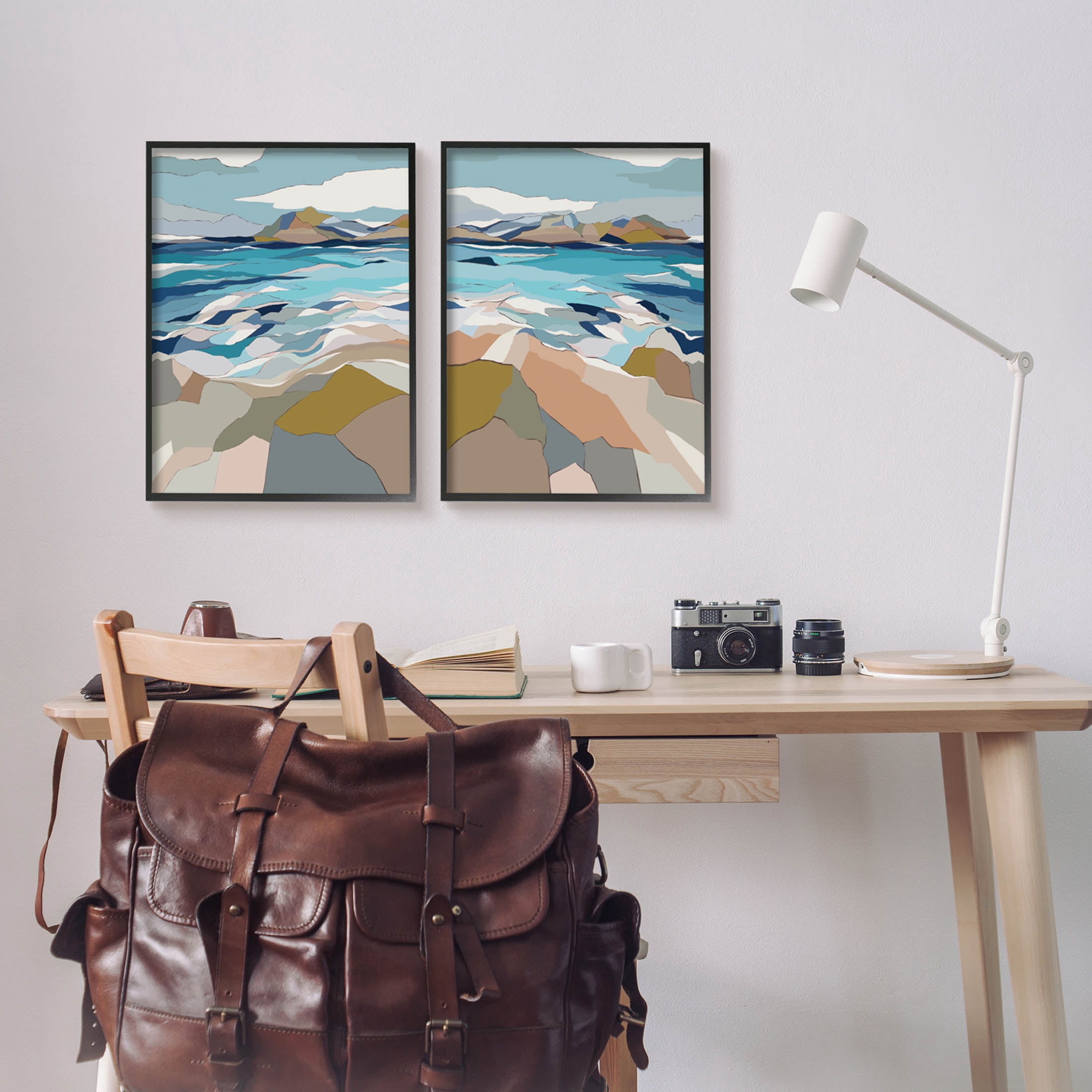 Stupell Industries Waterfront Geometric Abstract Painting Graphic Art Black Framed Art Print Wall Art, Set of 2, Design by Nikita Jariwala
