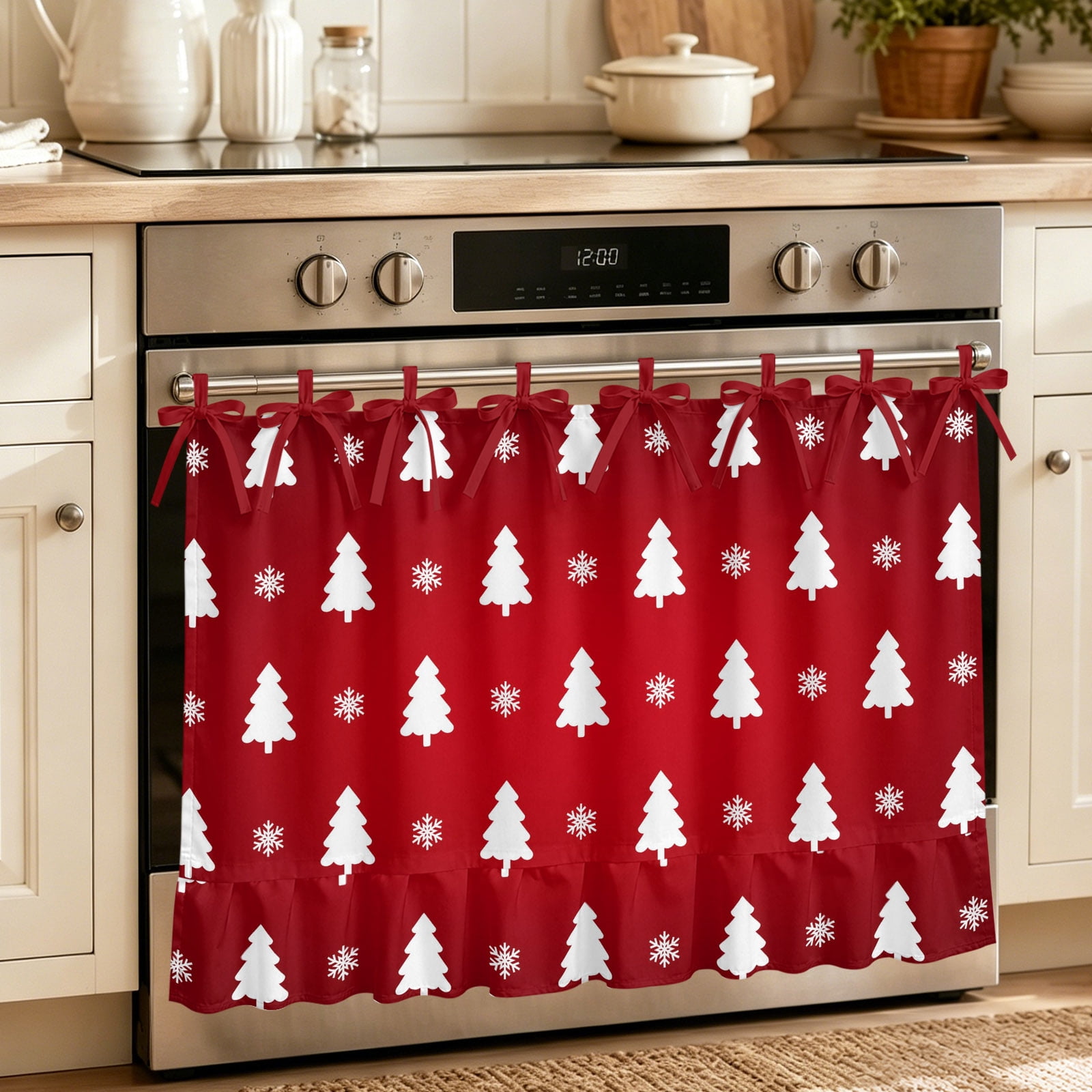 Oven Curtain for Kitchen Watercolor White Christmas Trees Stove Curtain With Ruffled Trim Dishwasher Curtains Winter Snowflakes on Red Oven Skirt 32 x24