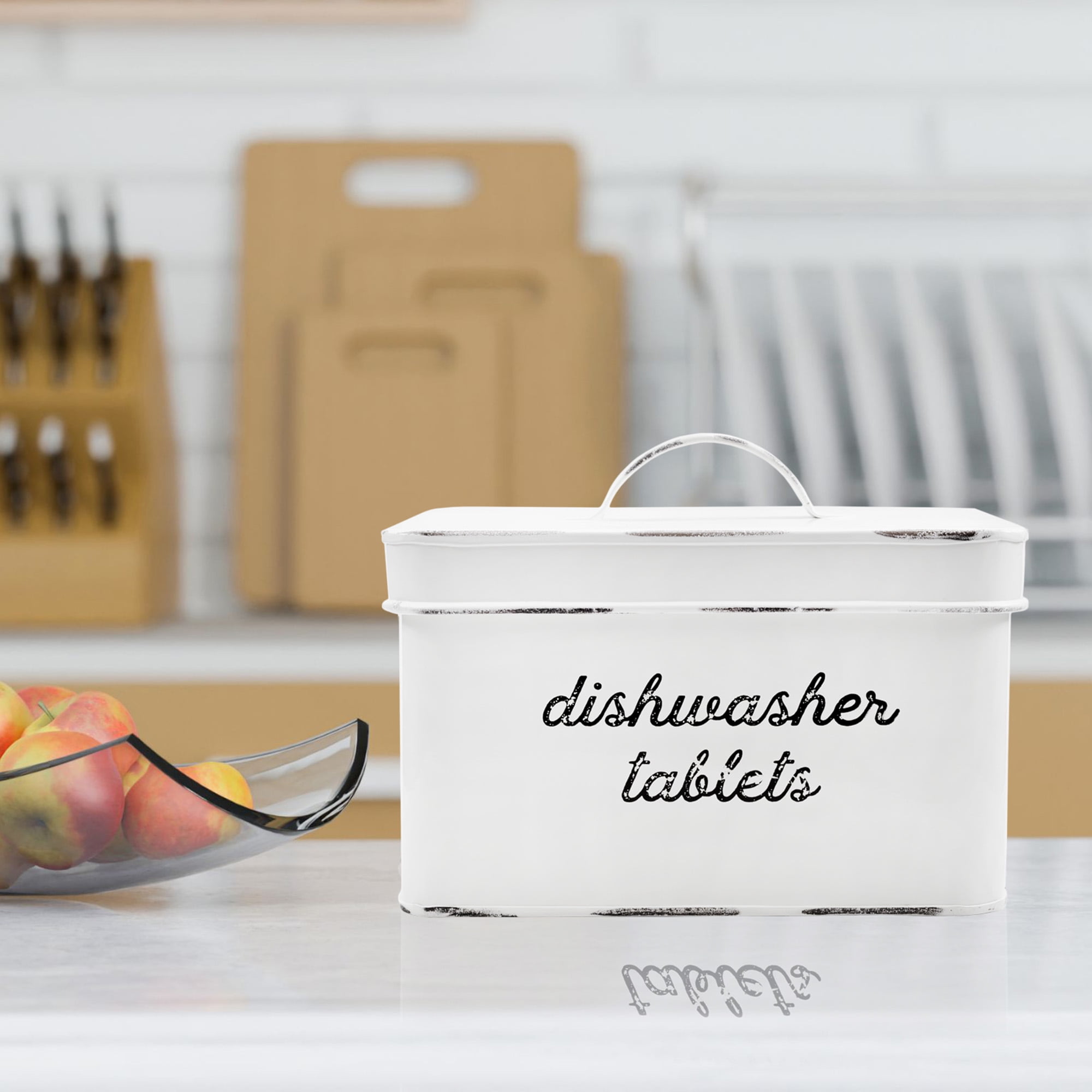 Calindiana Modern Farmhouse Metal Dishwasher Pods Container Holder with Lid  for Kitchen Organization and Storage, Kitchen Essentials Decor