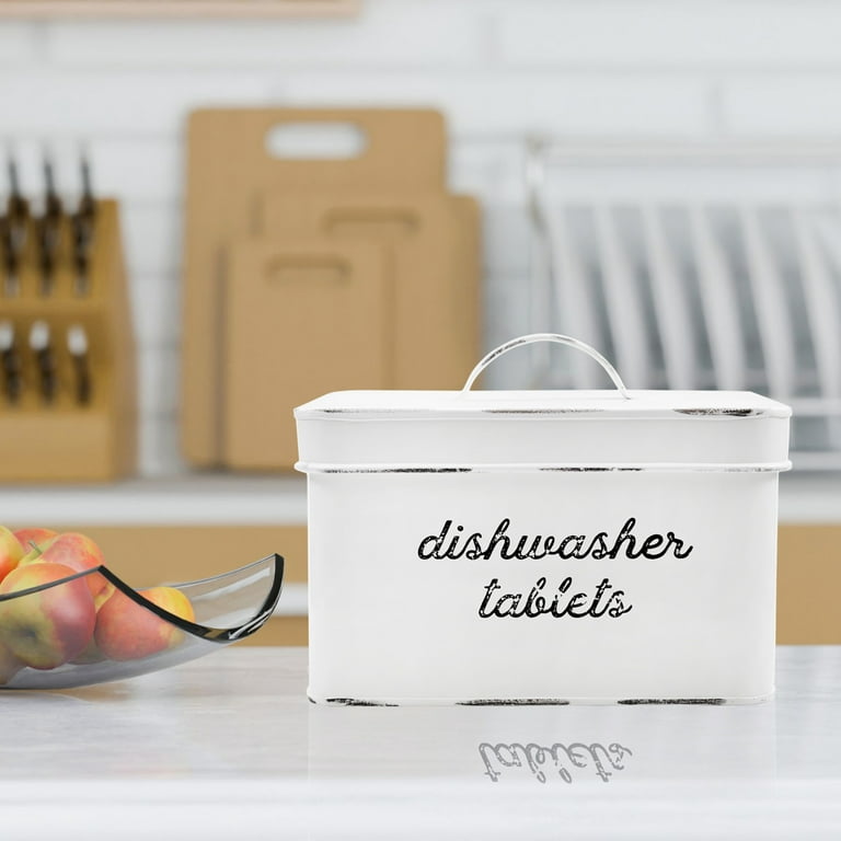 Dishwasher Pod Container with Hinged Lid. Farmhouse Metal Dishwaser Pods  Holder for Kitchen Cabinet Organizer. Modern Kitchen Decor and Accessories.
