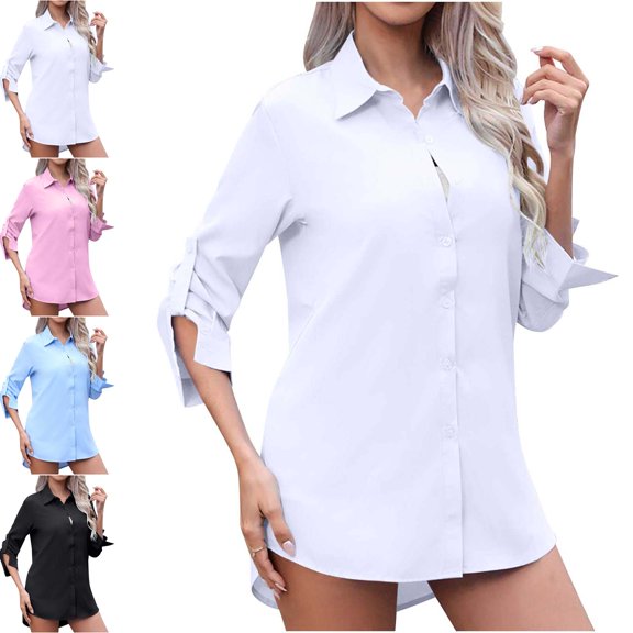 Danhjin Women's Casual Shirts Button Down Long Sleeve Collar Tops Solid Color Beach Vacation Going out Fashion Tunic Blouses