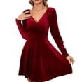 thumbnail image 1 of Vestido corto estilo patinador con escote en V, manga larga y corte en A de terciopelo para mujer, 1 of 6