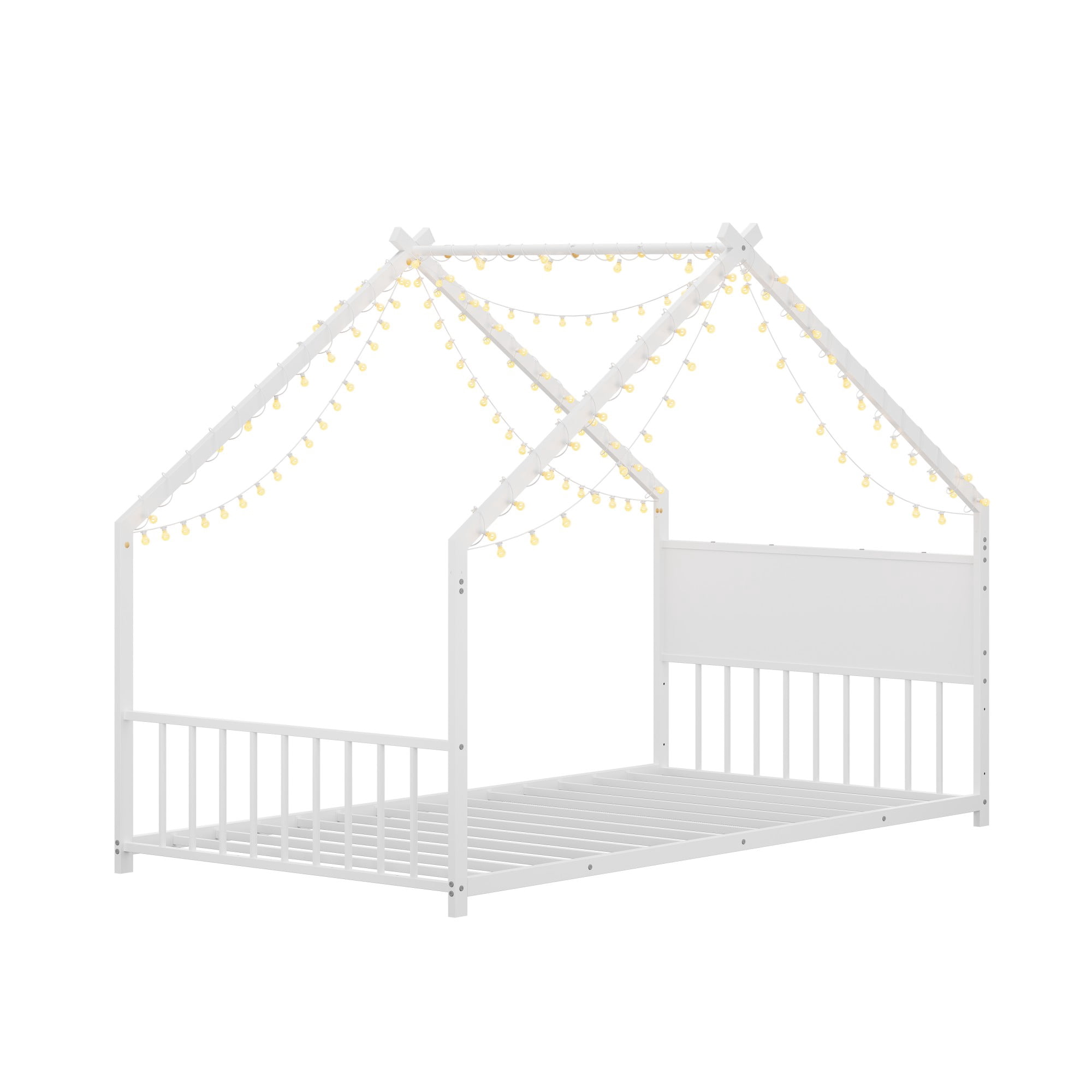 Aukfa Twin Size Metal House Bed with LED Lights, Montessori Floor Bed for Kids & Toddlers, Sturdy Frame, Easy Assembly, White