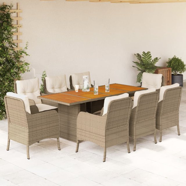 vidaXL 9 Piece Garden Dining Set with Cushions Beige Poly Rattan