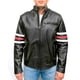 thumbnail image 1 of Chamarra de piel negra para caballero con líneas blancas y roja alrededor del brazo, una bolsa en pecho, dos bolsas en cintura y cuello de broche Castelli Leather Authentic House Universitaria con líneas blancas y roja alrededor del brazo, 1 of 4
