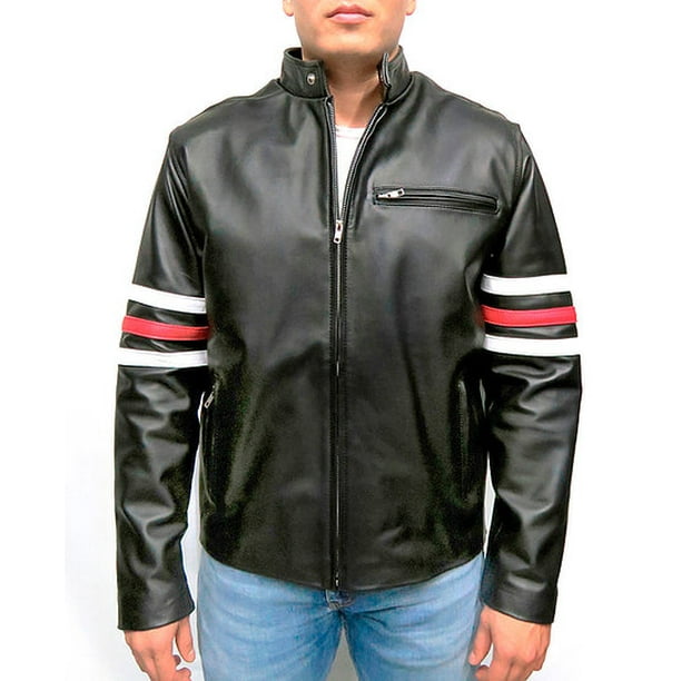 Chamarra de piel negra para caballero con líneas blancas y roja alrededor del brazo, una bolsa en pecho, dos bolsas en cintura y cuello de broche Castelli Leather Authentic House Universitaria con líneas blancas y roja alrededor del brazo