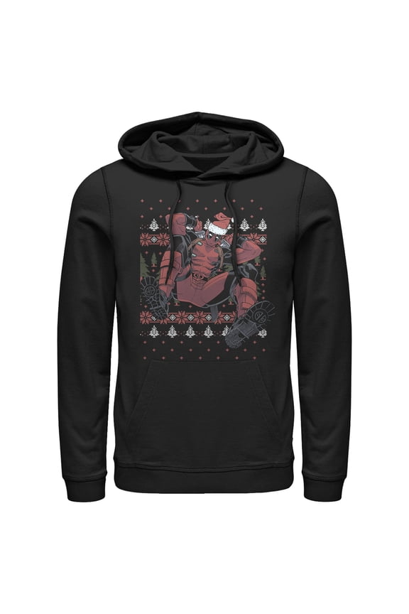 Men's Marvel Deadpool Santa Hat Ugly Sweater Holiday  Pull Over Hoodie Black X Large