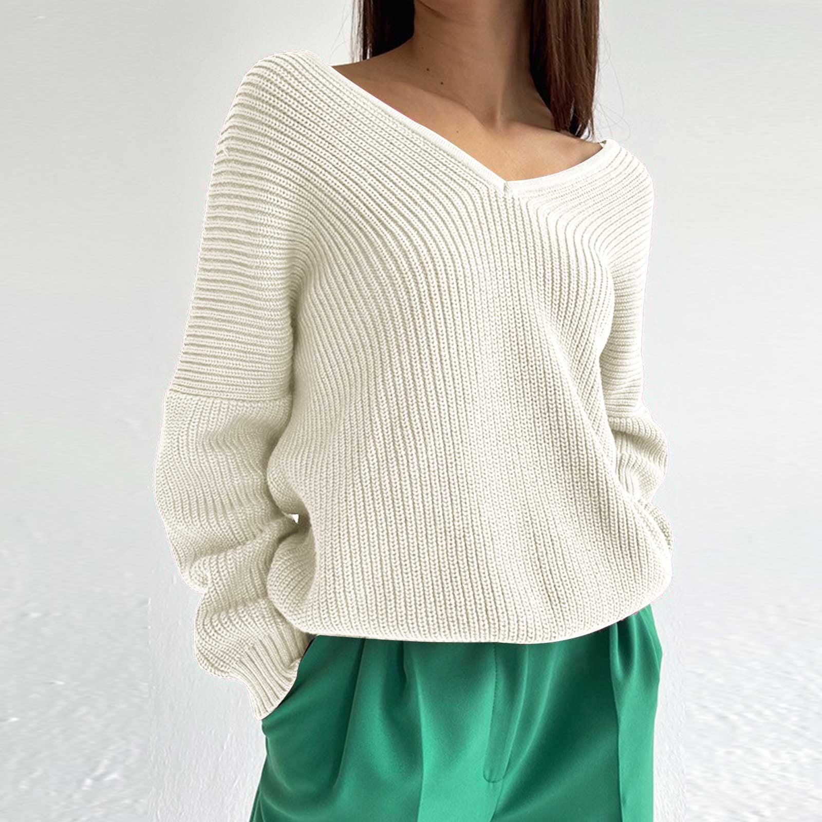 VSSSJ Womens Long Sleeve V Neck Casual Comfy Knit Sweaters VSSSJ Womens Long Sleeve V Neck Casual Comfy Knit Sweaters