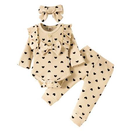 

0-12M Infant Baby Girl s Outfits Rib Frill Bowknot Long Sleeve Bodysuit + Love Heart Pant + Headband Set