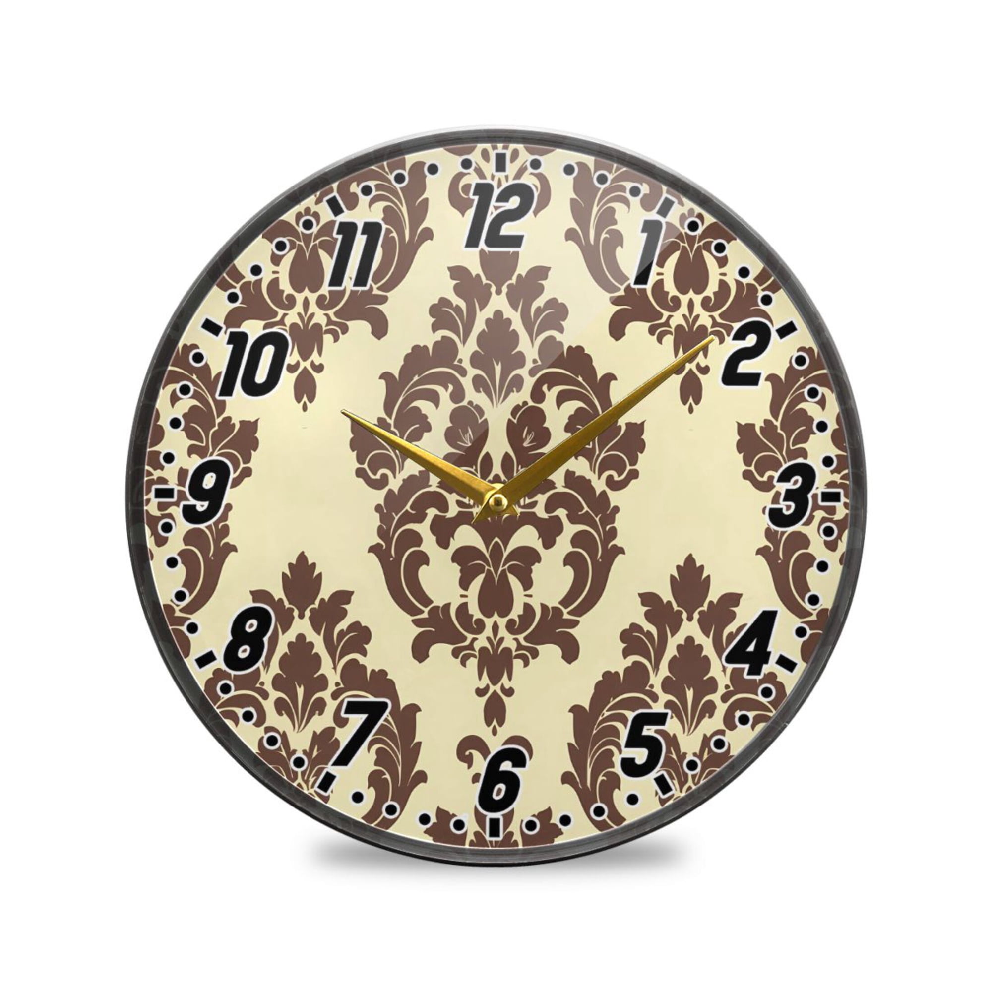 Wall Clock Battery Operated Non-Ticking Silent for Living Room Bedroom Kitchen Office Decor Elegant Damask Pattern 9.5
