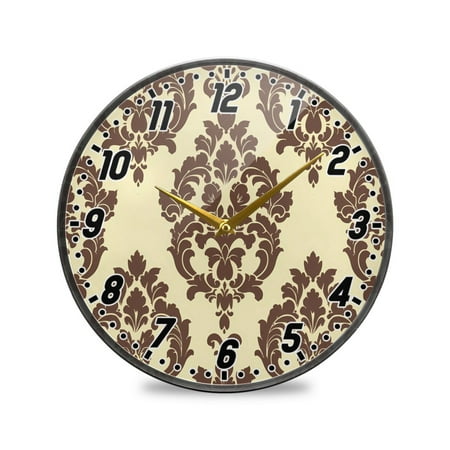 Wall Clock Battery Operated Non-Ticking Silent for Living Room Bedroom Kitchen Office Decor Elegant Damask Pattern 9.5