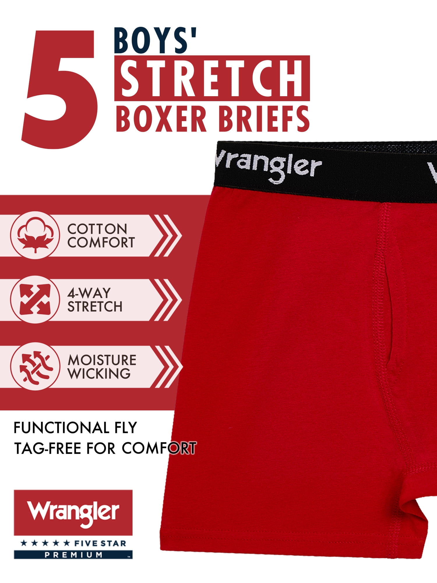 Wrangler Boys' Cotton Boxer Briefs, Soft Boys Underwear w/ 4-Way Stretch, Small, 5-Pack