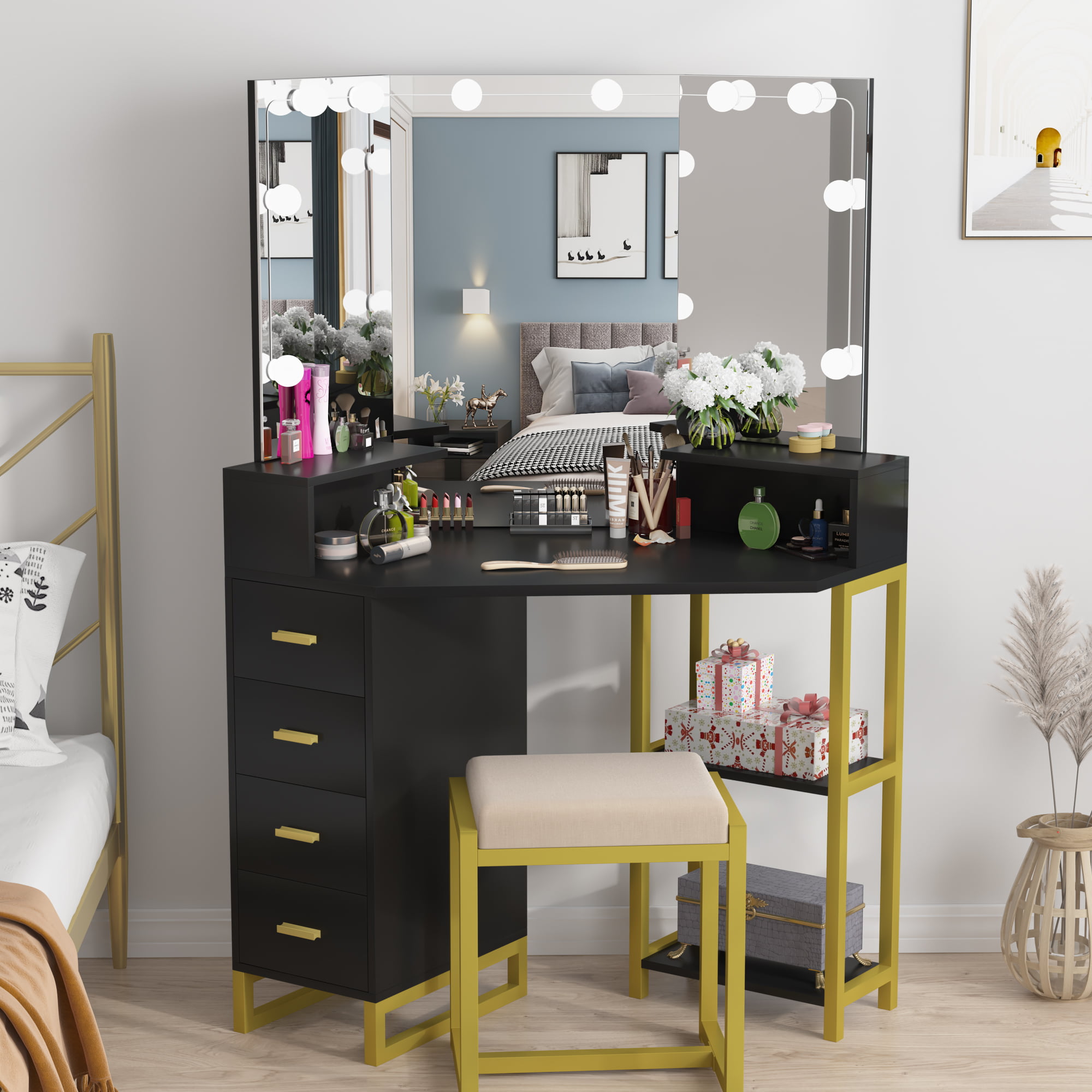 PAKASEPT Vanity Desk with Mirror and Lights in 3Colors, Makeup Vanity with  Charging Station, Makeup Desk Dressing Table with Tri-fold Mirror Hidden  Storage Shelves&5 Drawers, White 
