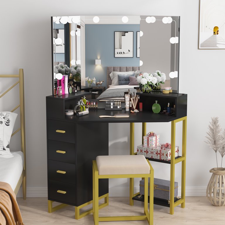 PAKASEPT Corner Vanity Set with Three-Fold Mirror & 10 Light Bulbs, Makeup  Desk with 4 Storage Drawers for Women, Desk Vanity Set for Small Spaces,  Bedroom 