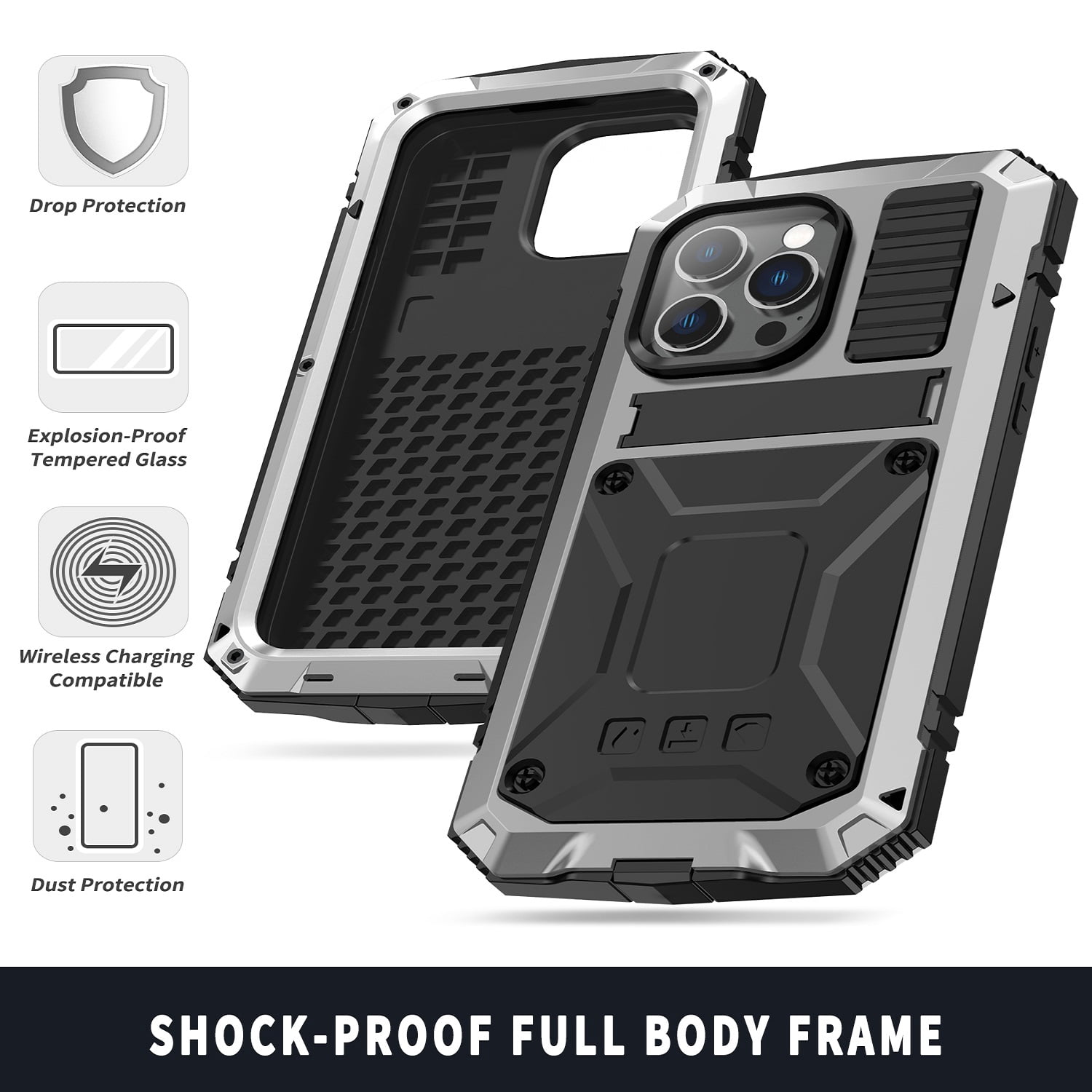 iPhone 14 Pro Max Rugged Full-Body Case, Metal Bumper Built-in Screen Protector&Kickstand,Dustproof and Drop-Proof,Full Body Protection Heavy Duty Rugged Military Cover For iPhone 14 Pro Max, Silver