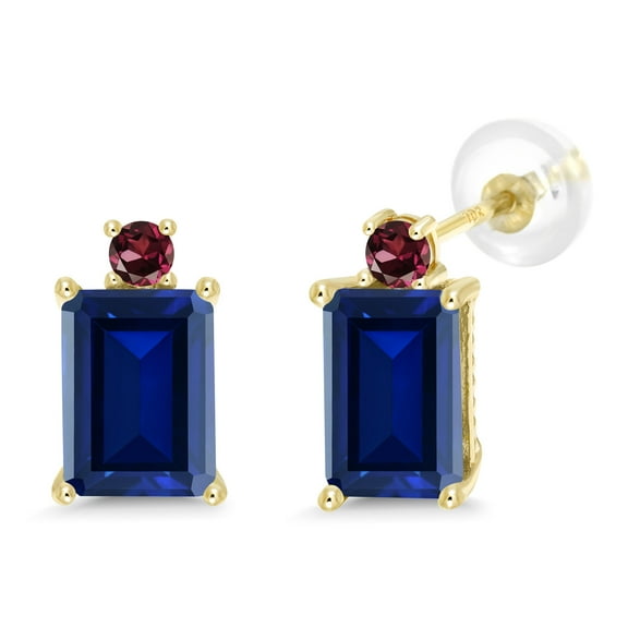 Gem Stone King 3.18 Ct Blue Created Sapphire Red Rhodolite Garnet 10K Yellow Gold Earrings