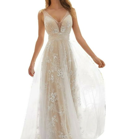 

Bride Wedding Dresses with Lace Appliques V Neck Bridal Gown Elegant for Women