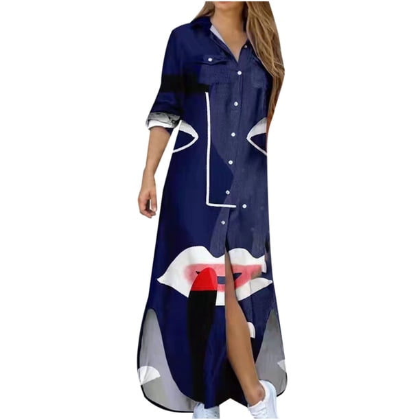 Vestido largo con estampado de túnica de bloque de color de manga larga con cuello en V sexy para mujer Fridja NMB3846