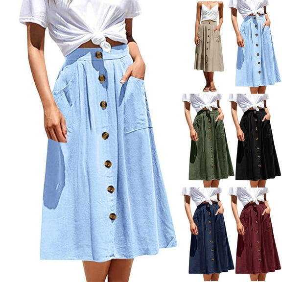 yueewhu Midi Skirts for Womens High Elastic Waist Pleated A Line Midi Skirt Casual Button Front Flared Skirts with Pockets (Wine, M)