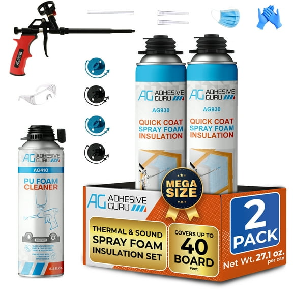 Adhesive Guru Spray Foam Insulation Kit (2 x 32.80 oz/930 gr - 40 Board feet), Self-Expanding Adhesive Foam, Closed Cell Heat Insulation & Acustic Spray with Cleaner and Dispensing Gun- 2 Pack