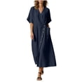 thumbnail image 2 of Ovbmpzd Women&nbsp;Dresses Shift Dresses Linen Solid Navy Maxi V-Neck Classic Fit Dresses Casual&nbsp;Dresses&nbsp;for Women,XL, 2 of 6