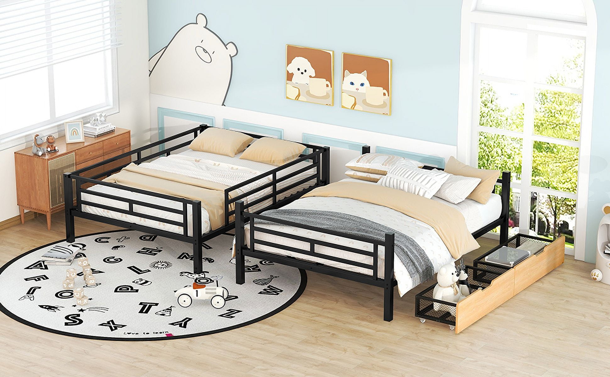 MAYEERTY Metal Full Size Convertible Bunk Bed with 2 Drawers, Black