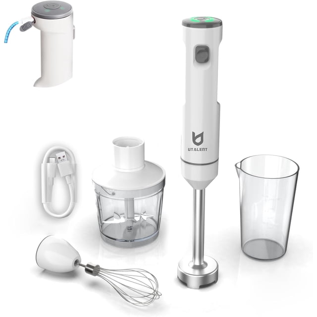 Cordless Hand Blender, Variable Speed Immersion Blender Rechargeable, with 500ml Chopper, 600ml container, Egg Whisk, for Smoothies, Baby Food and Soups – White