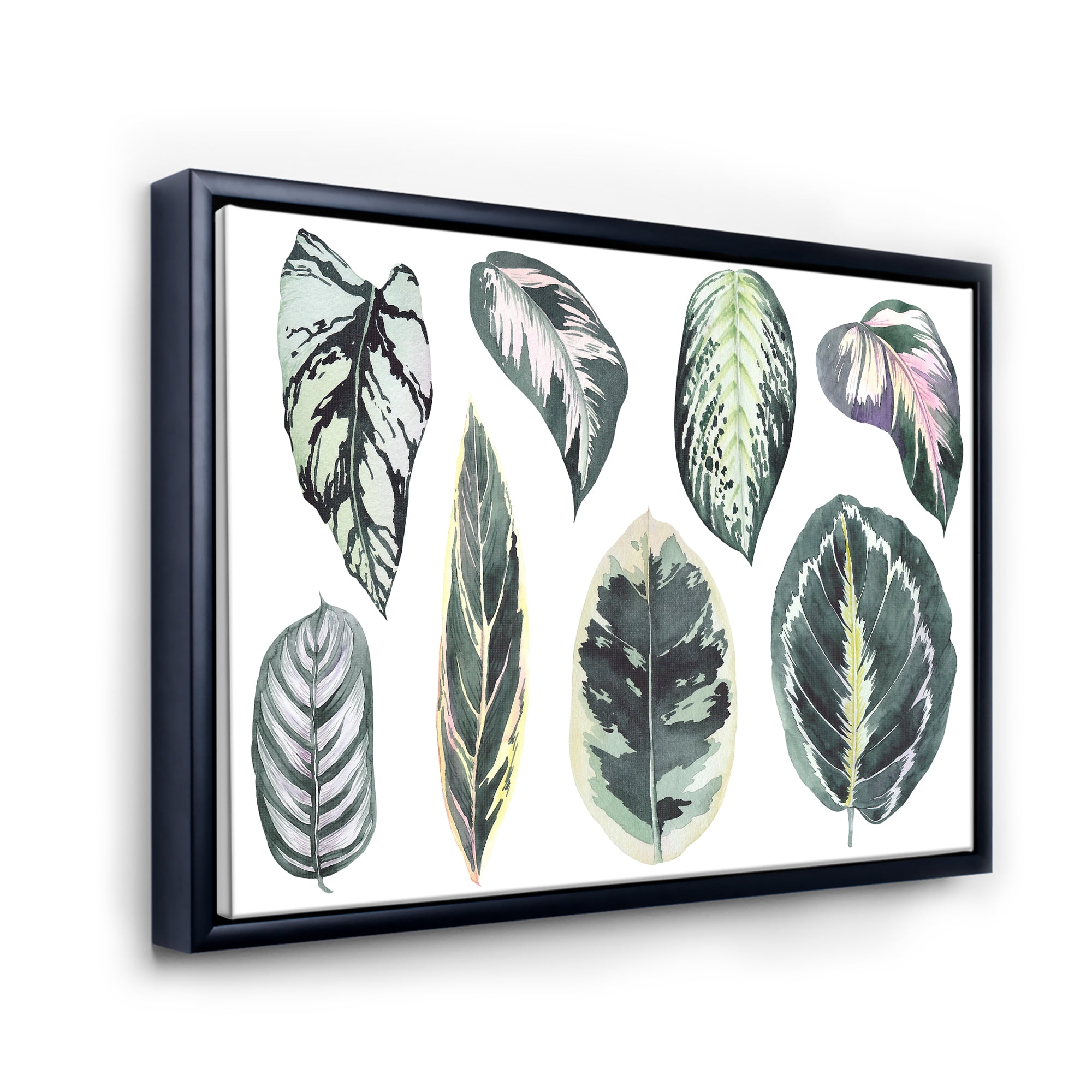 Tropical Calathea Leaves On White 40 in x 30 in Framed Painting Canvas Art Print, by Designart