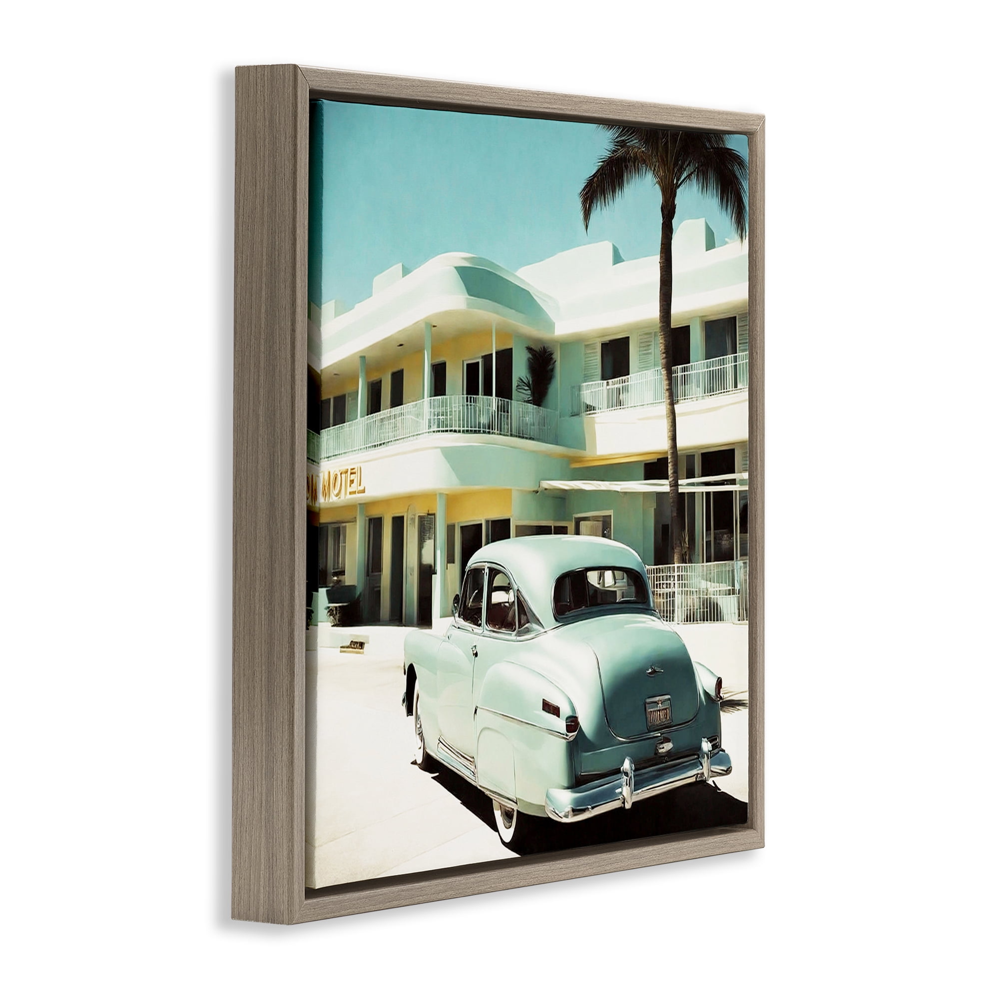 Stupell Industries Classic Car at Motel Transportation Painting Brown Floater Framed Canvas Art Print Wall Art, 25 x 25