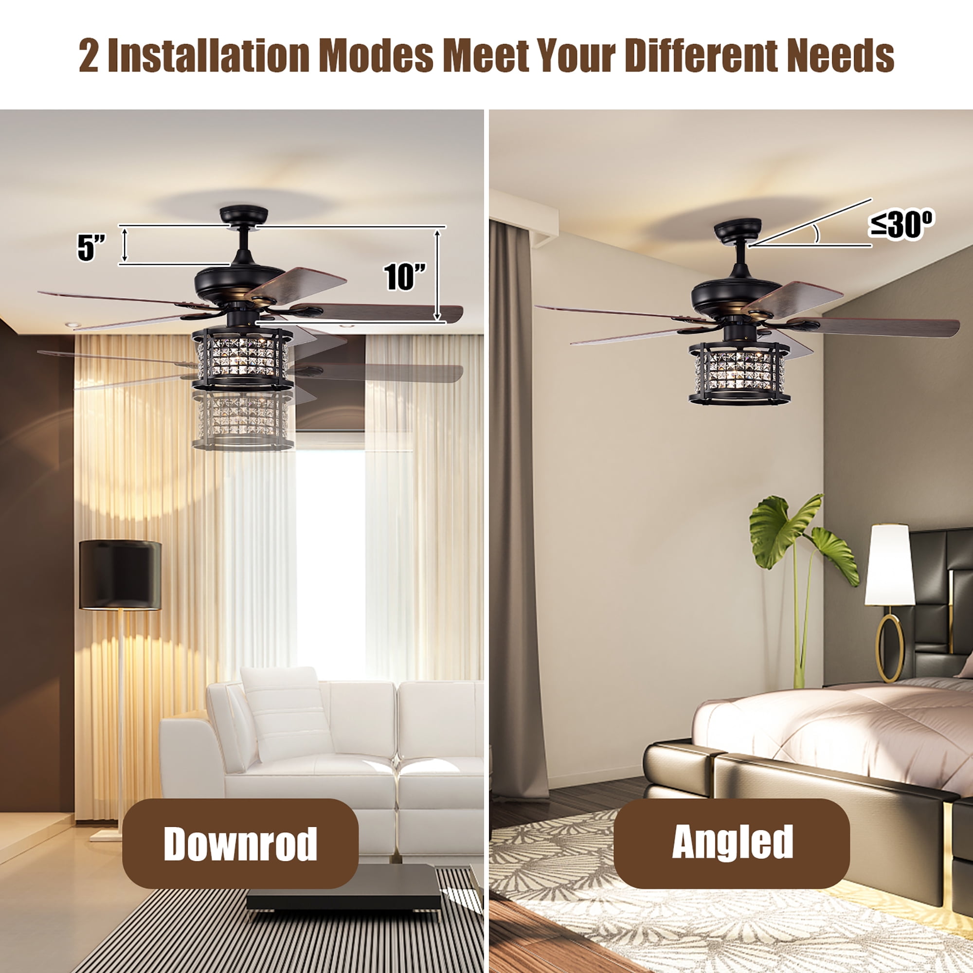 Costway 52'' Ceiling Fan with Light Reversible Crystal Ceiling Fan Lamp W/Remote Control