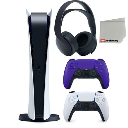 Sony Playstation 5 Digital Version (Sony PS5 Digital) with Extra Galactic Purple Controller and Black PULSE 3D Headset Bundle