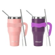 Ezprogear 40 oz 2 Pack Purple & Pink Stainless Steel Tumbler Double Wall Camping Mug with Straws and Handle