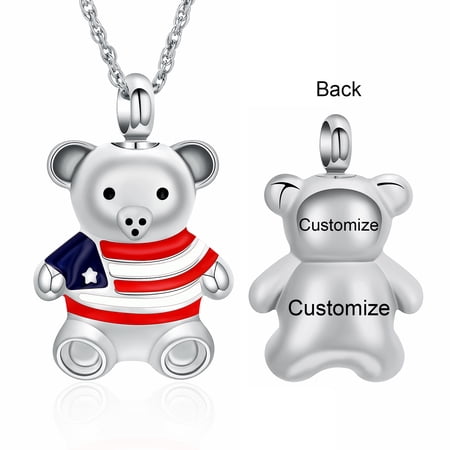 Personlized American Flag Bear Cremation Jewelry - Teddy Bear Urn Necklace for Men Women Personalized Necklaces Engraved Names Jewelry