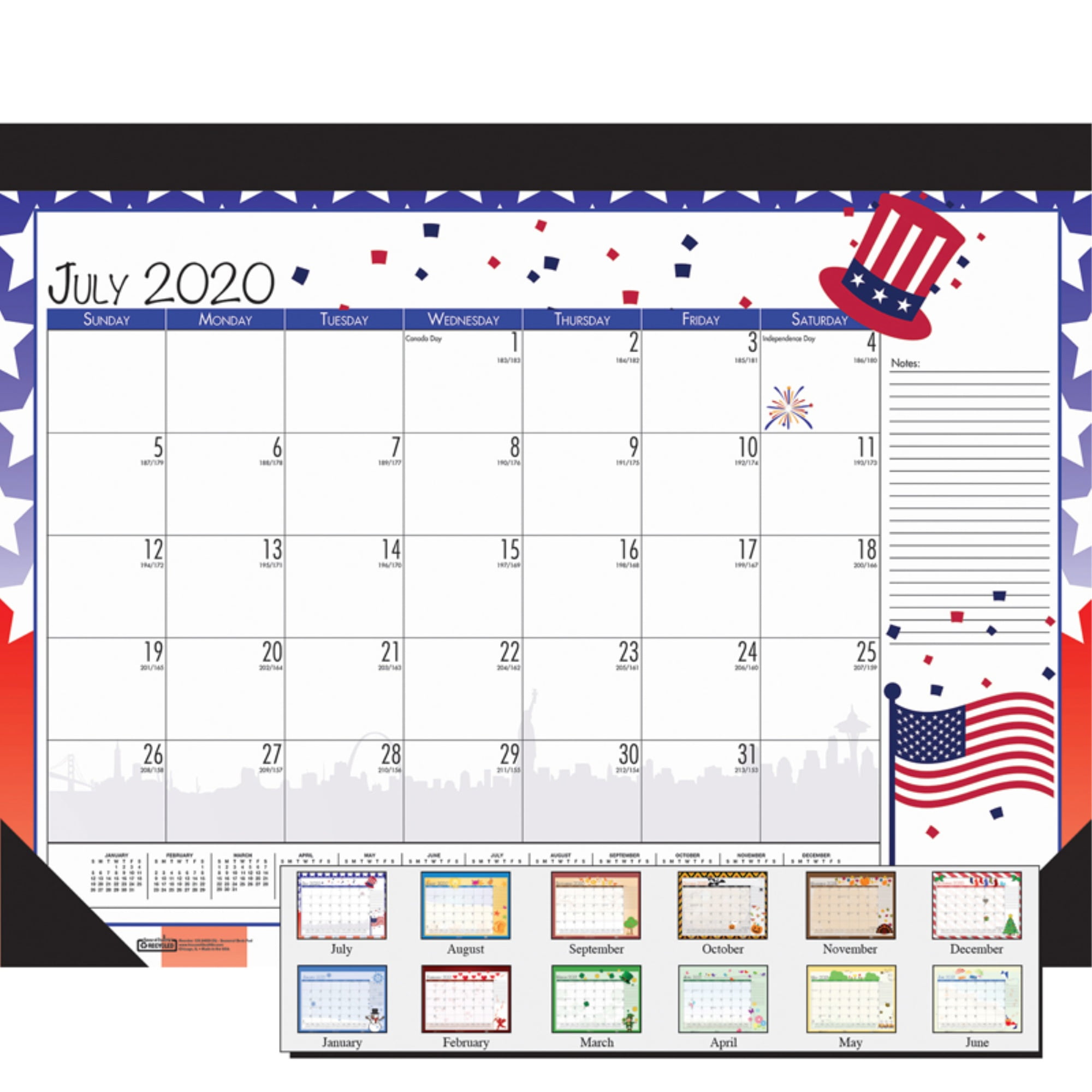 Monthly Academic Deskpad Calendar, Seasonal Holiday Depictions, 12 Months July-June, 22' x 17'