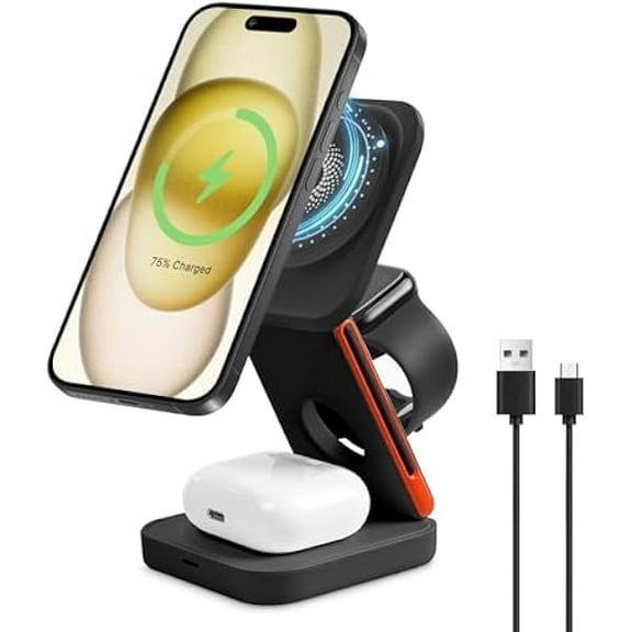 Saluqifa Upgrated 3 in 1 Wireless Charging Station Foldable Fast Wireless Charger Magnetic Charging Stand for iPhone 16 15 14 13 12 Pro Max for Apple Watch 9 8 7 6 5 4 3 2 for AirPods 3 2 Pro (Black)