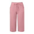 thumbnail image 4 of Mohiass Capris for Women Plus Size High Waisted Summer Wide Leg Capri Pants for Women with Pockets Drawstring Cotton Linen Women's Capris Pull on Pink XL, 4 of 8
