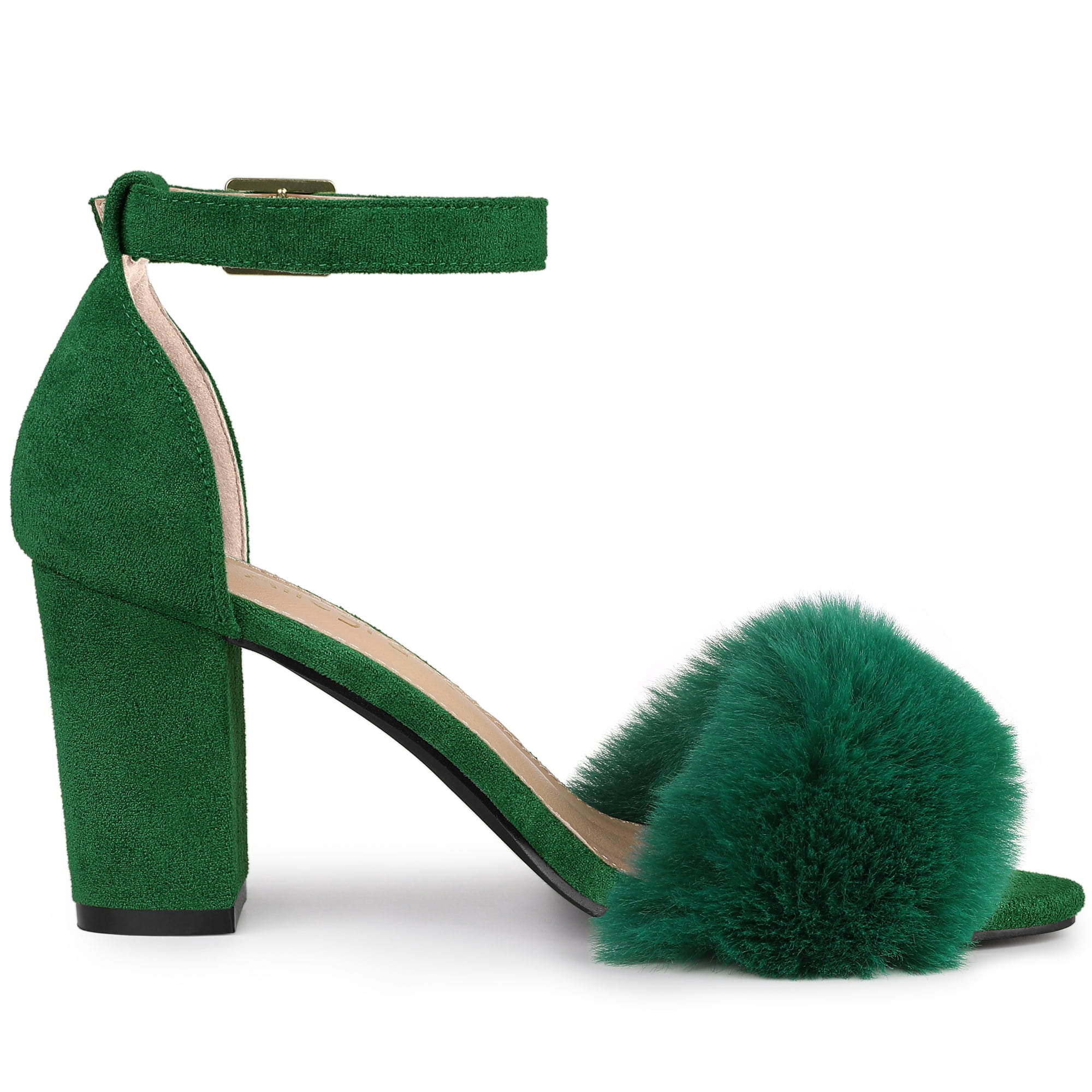 DARING DIVA Women's Ankle Strap Faux Fur Block Heels Beige Sandals for Wear Green 9