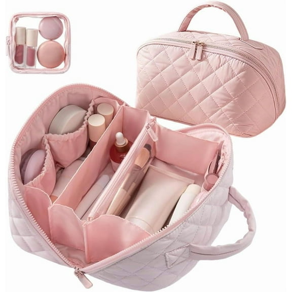 180° Lay-Flat Puffer Travel Makeup Bag - Triple-Proof Interior, Large Capacity Organizer for Women’s Toiletries & Brushes