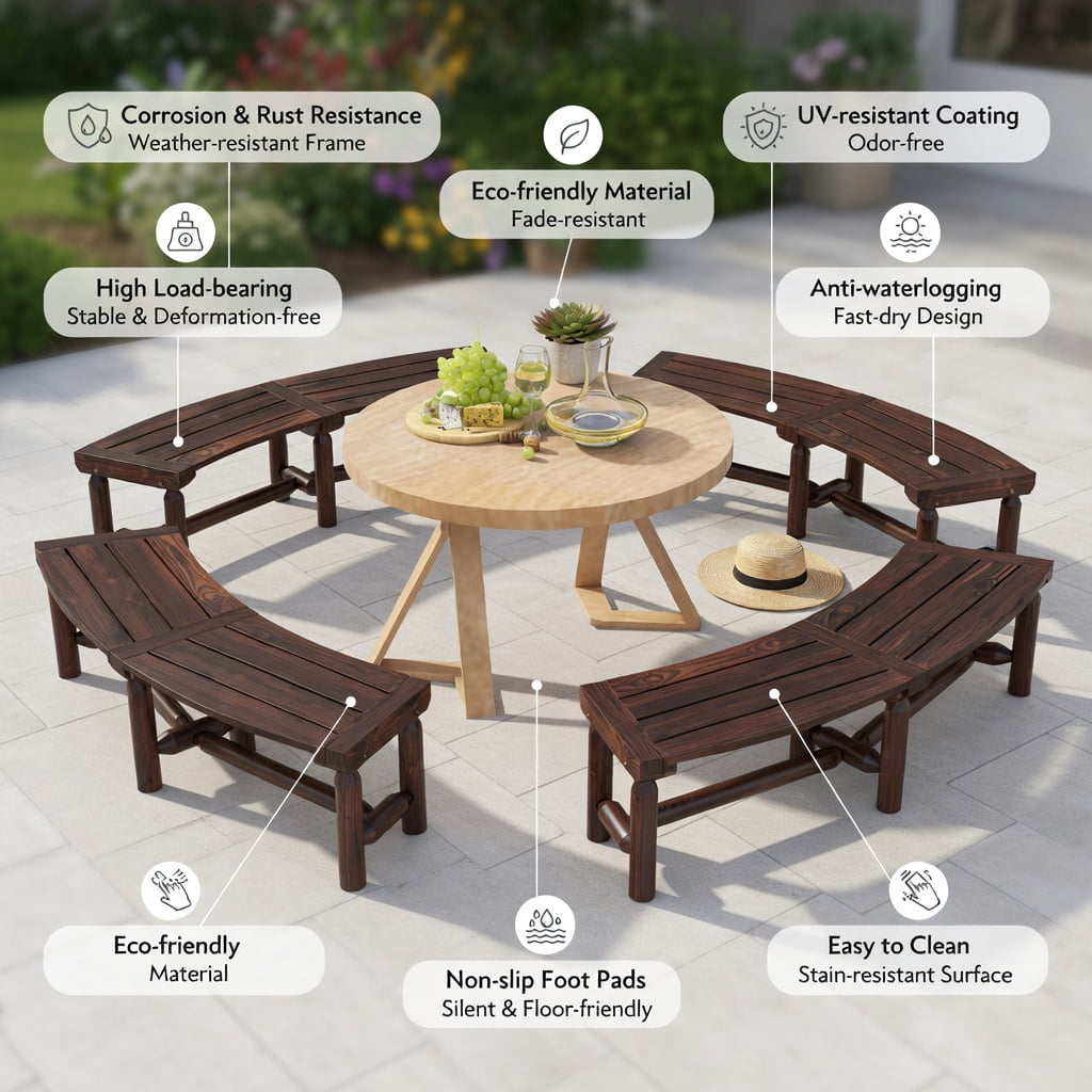 Hommoo Outdoor Curved Patio Bench for Round Tables, Slatted Wood Bench, 55" Seating, Easy Assembly, Rustic Brown