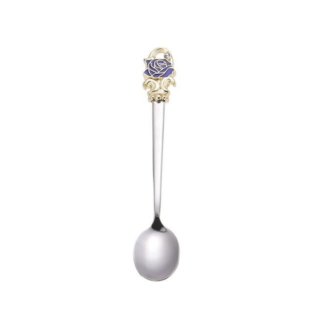 Stainless Steel Enamel Spoon Coffee Stirring Spoons Delicate Teaspoon Dessert Scoop (Blue Rose)