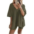 thumbnail image 2 of 2024 ! JINMGG Two Piece Outfits Women, 2024 Fashion Fall Fashion Women Casual Solid Short Sleeve V-Neck Loose Tops Nightwear Shorts Sleepwear Sets Army Green XXL, 2 of 9