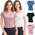 thumbnail image 1 of TFixol Camiseta deportiva para mujer, cuello redondo, manga corta, elástica, transpirable, absorbe la humedad, 1 of 8