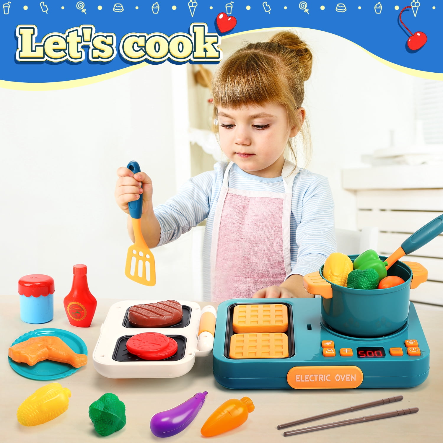 JoyStone 46Pcs Kids Pretend Play Kitchen Accessories Playset with Light and Sound, Play Pots and Pans, Utensils Cooking Toys, Play Kitchen Toys for Girls Boys, Green
