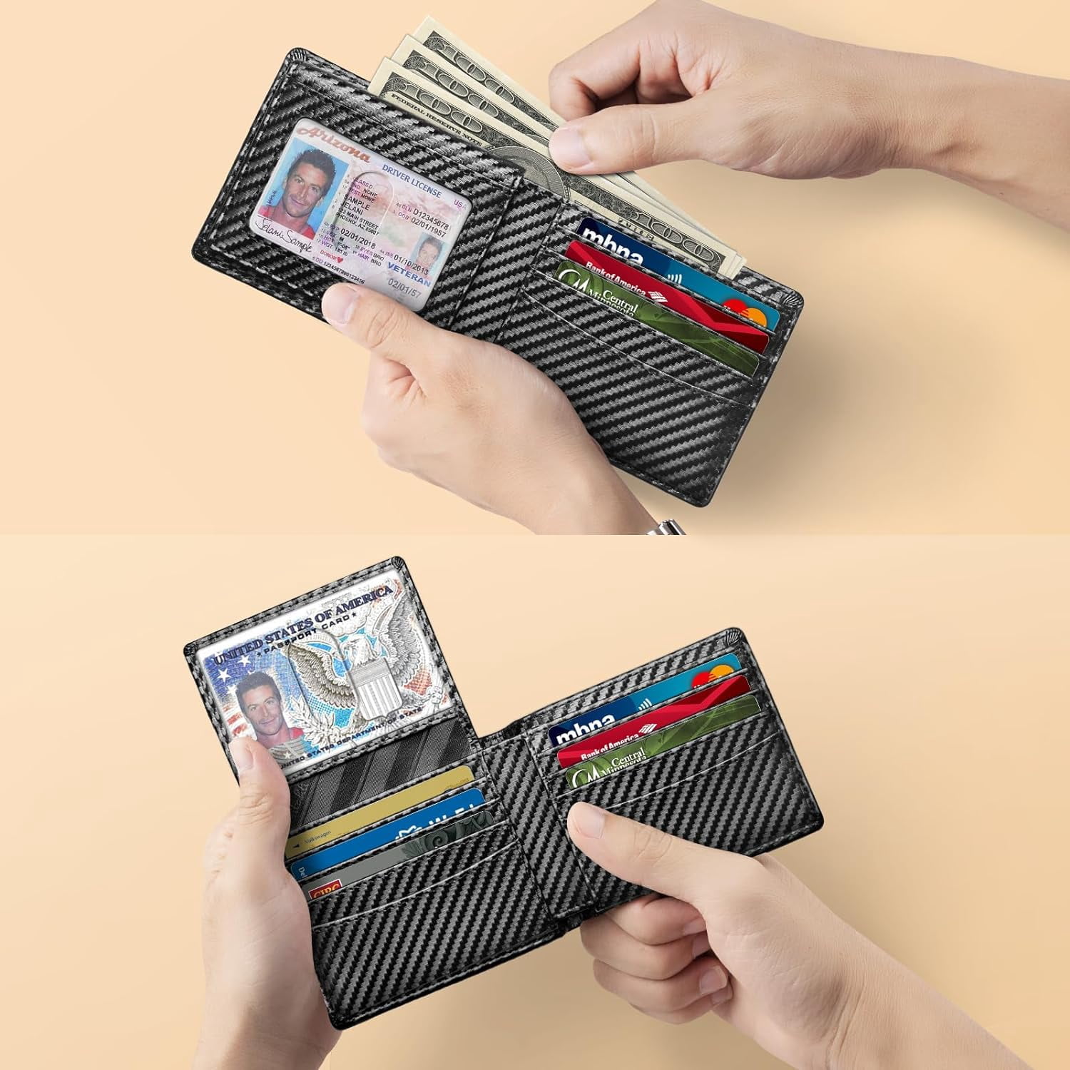 Men's Slim RFID Blocking Leather Bifold Wallet, Holds 12 Cards, 2 ID Windows, Cash Slot, Minimalist Front Pocket Design