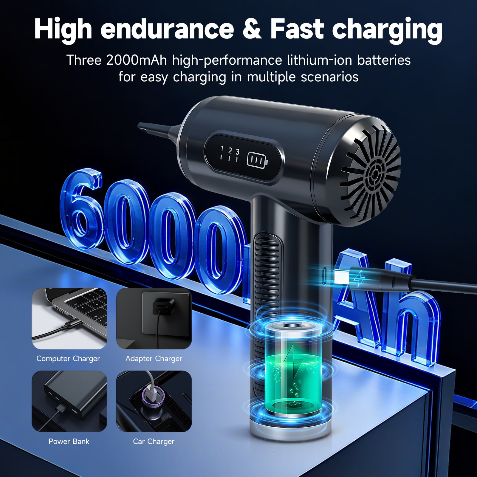 Compressed Air Duster, 120000RPM Mini Vacuum Cleaner Cordless, 3 Gear Adjustable Electric Air Duster/Car Vacuum Cleaner, Keyboard Duster with LED Light 13 Kits Air Blower for Computer