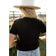 thumbnail image 1 of ABPHQTO Camiseta de manga corta con estampado gráfico de letras cruzadas de la bandera americana negra para mujer, 1 of 5
